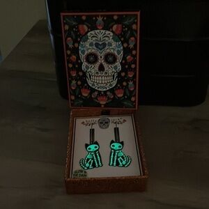 BELLA & JACK GLOW IN THE DARK SKELETON CAT DAY OF THE DEAD WIRE DANGLE EARRINGS